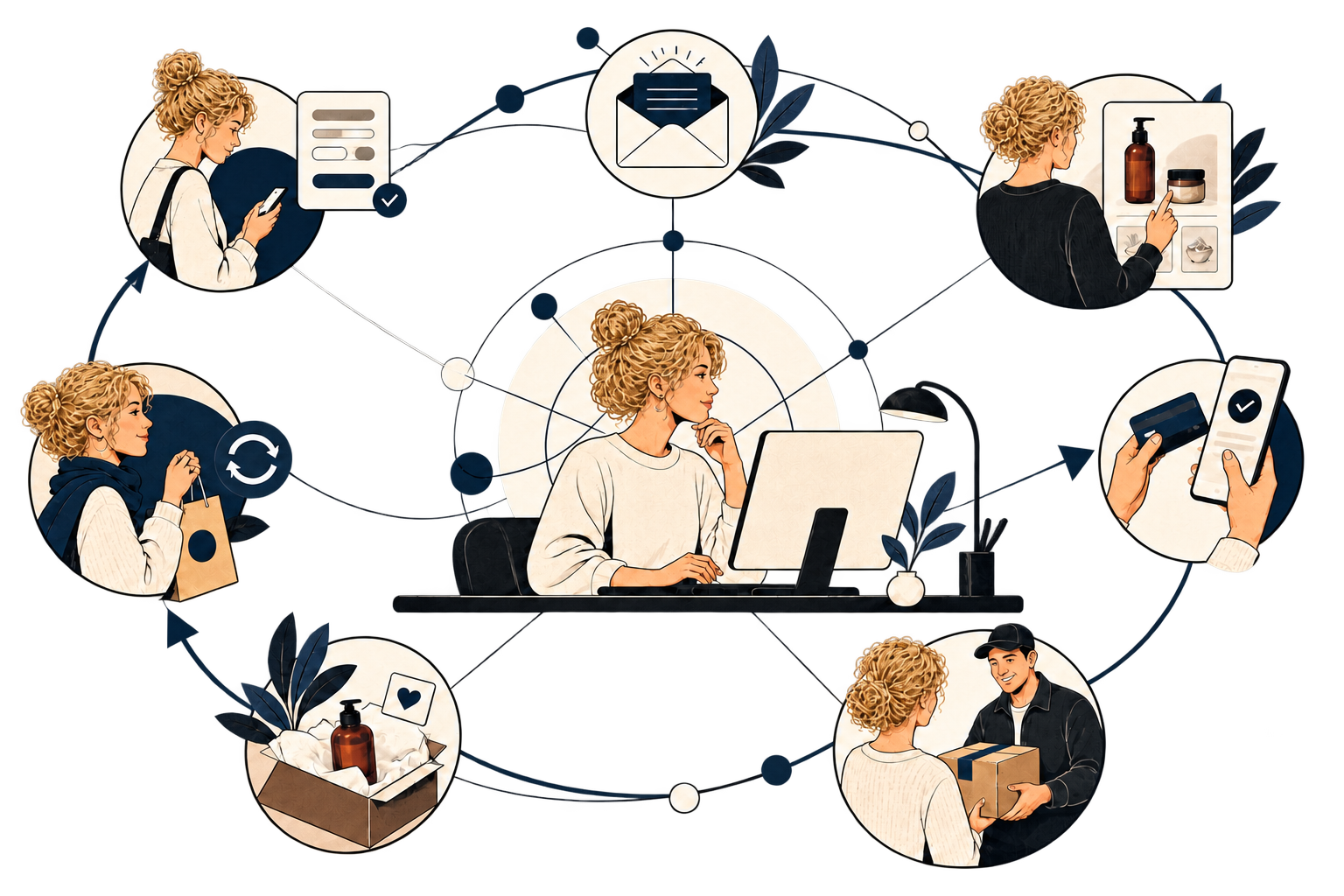 A retention loop: a customer browses on their phone, receives an email, buys, gets the order delivered, unboxes it, and returns to buy again, all managed from one place.